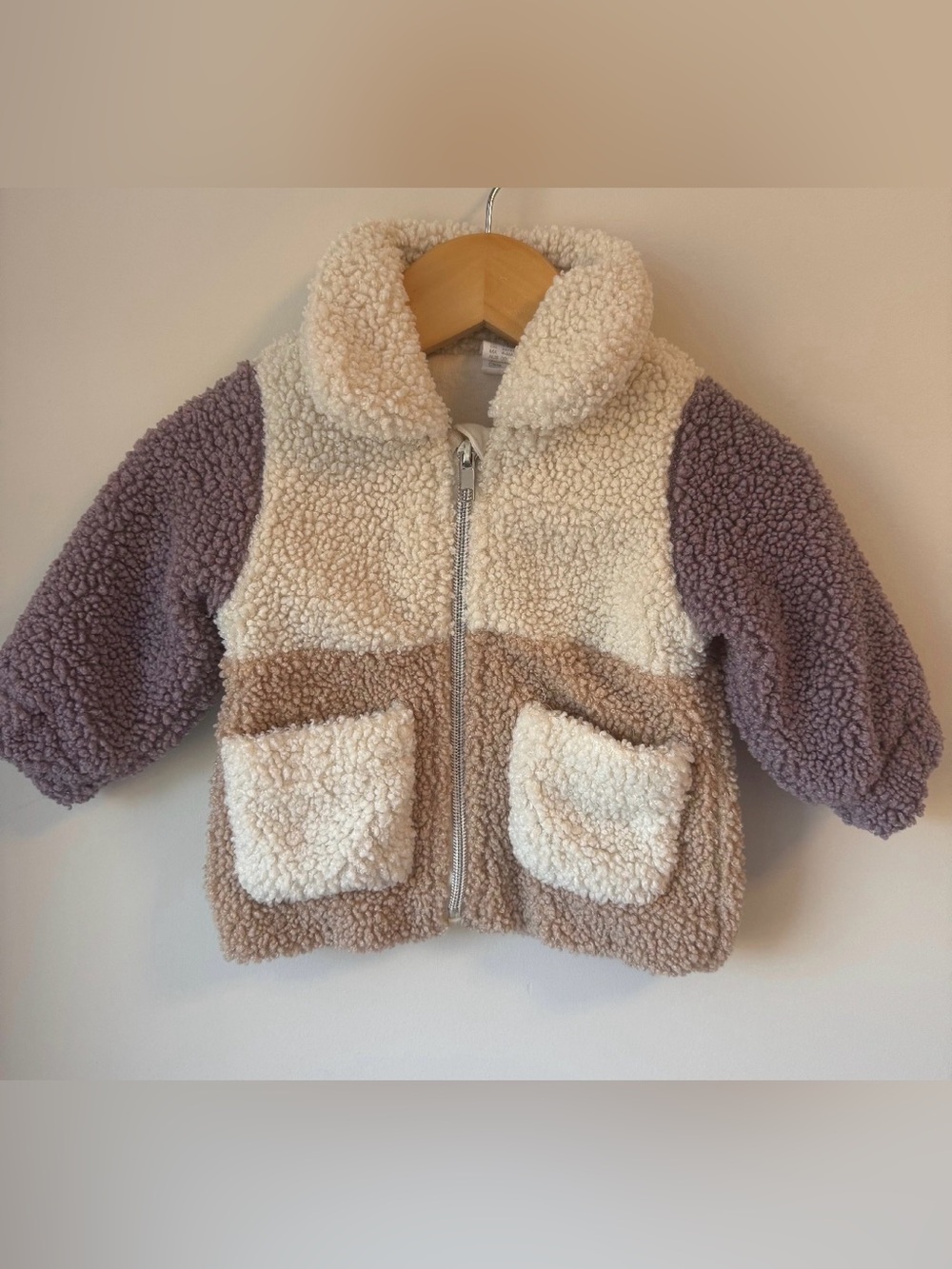 H&M Teddy Zip Jacket in Cream, Brown & Purple 4-6M